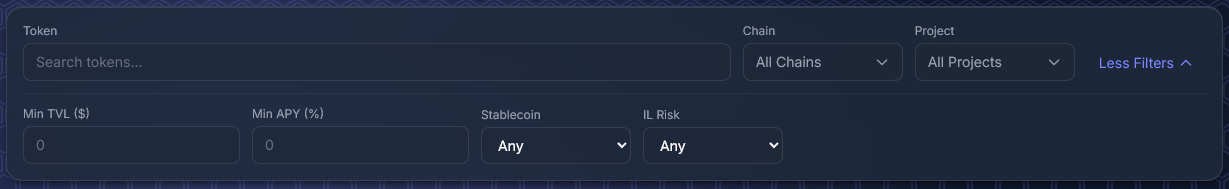 Advanced filters panel — Min TVL, Min APY, Stablecoin, and IL Risk